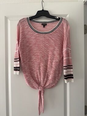 Express Pink Marled Tie-Front Knit Top with Stripe Trim